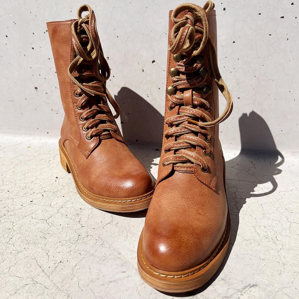 NEW Camel Brown Laced Up Zipper Back Wooden Heel Mid Calf Ankle Combat Boots